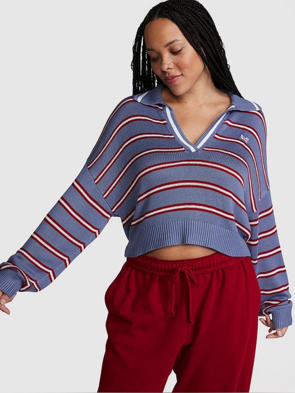 PINK Victoria's Secret Cambridge Knit Polo Sweater Blue Red Striped Collar Med